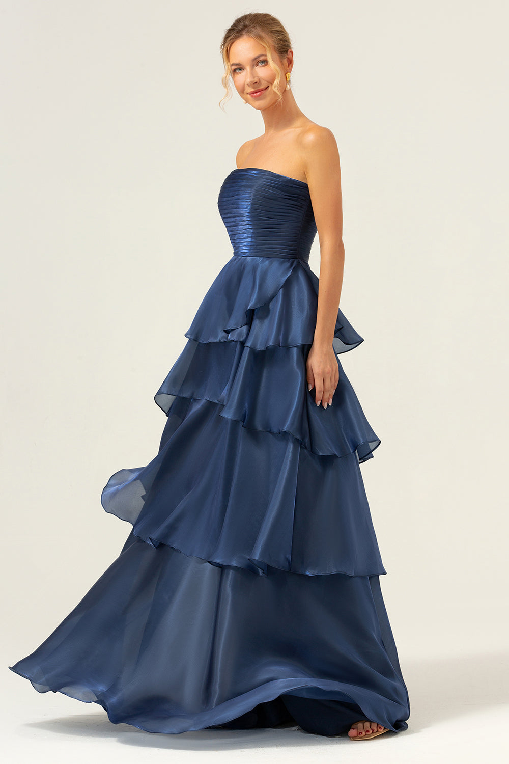 Blue A Line Strapless Tiered Satin Long Prom Dress