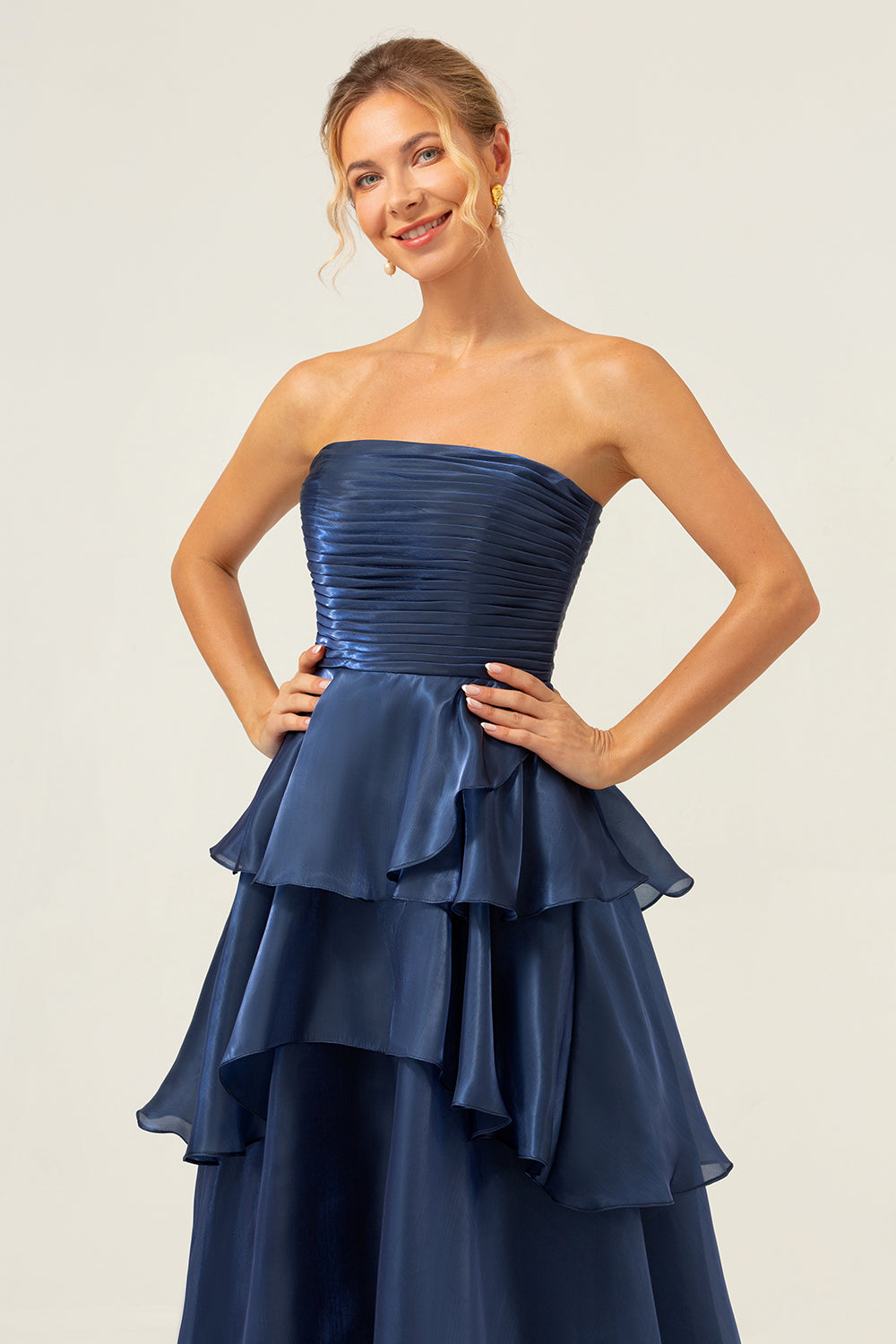 Blue A Line Strapless Tiered Satin Long Prom Dress