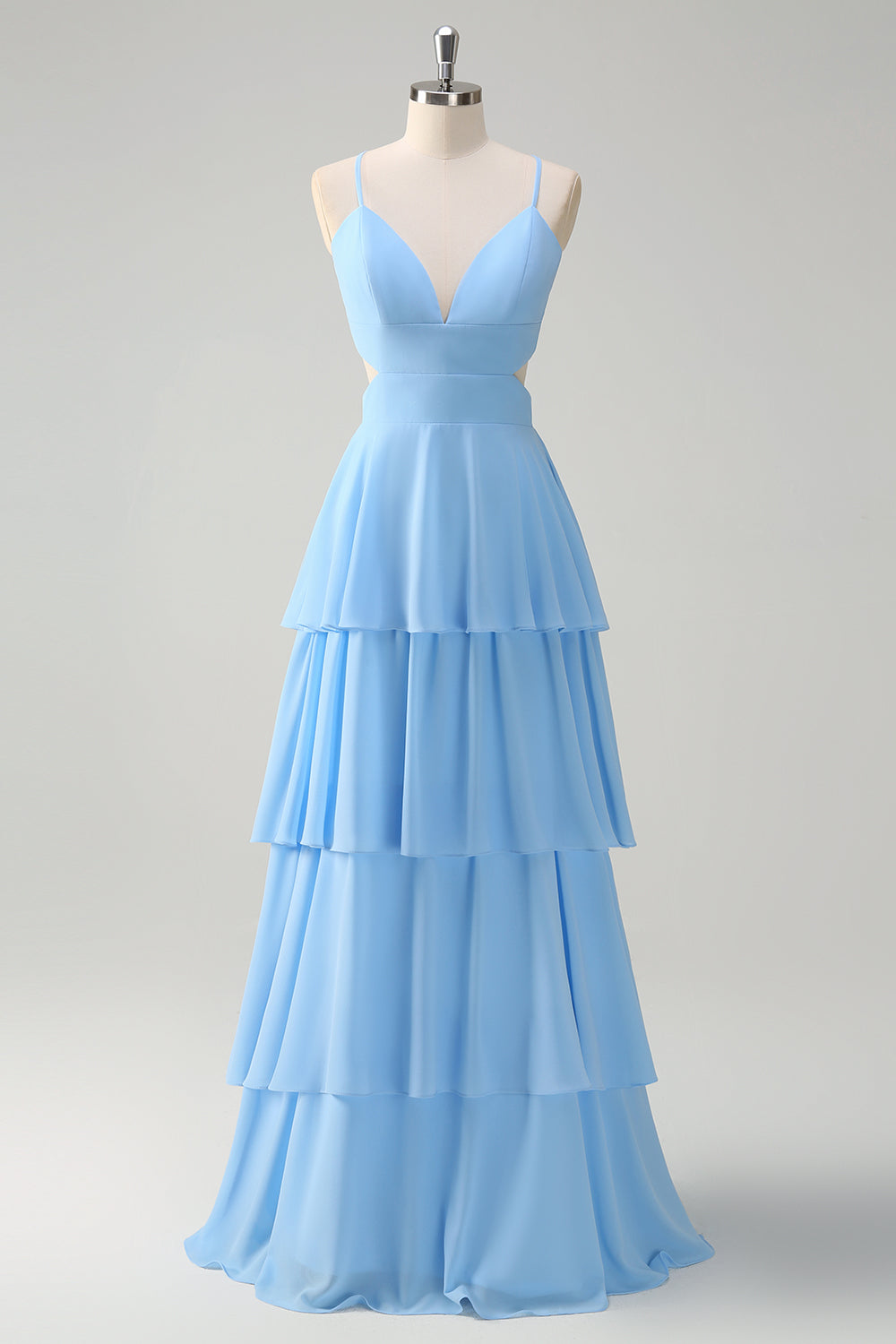 Robe de Demoiselle d'Honneur en Mousseline de Soie Bleu Ciel avec Bretelles Fines et Jupe Étages Coupe Trapèze
