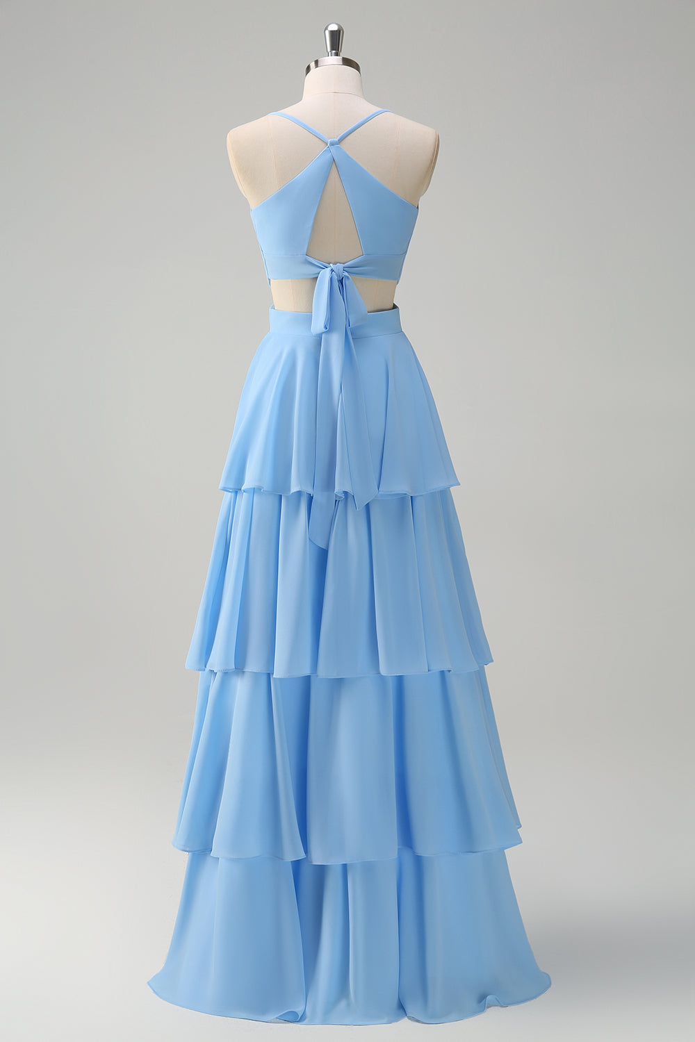 Robe de Demoiselle d'Honneur en Mousseline de Soie Bleu Ciel avec Bretelles Fines et Jupe Étages Coupe Trapèze