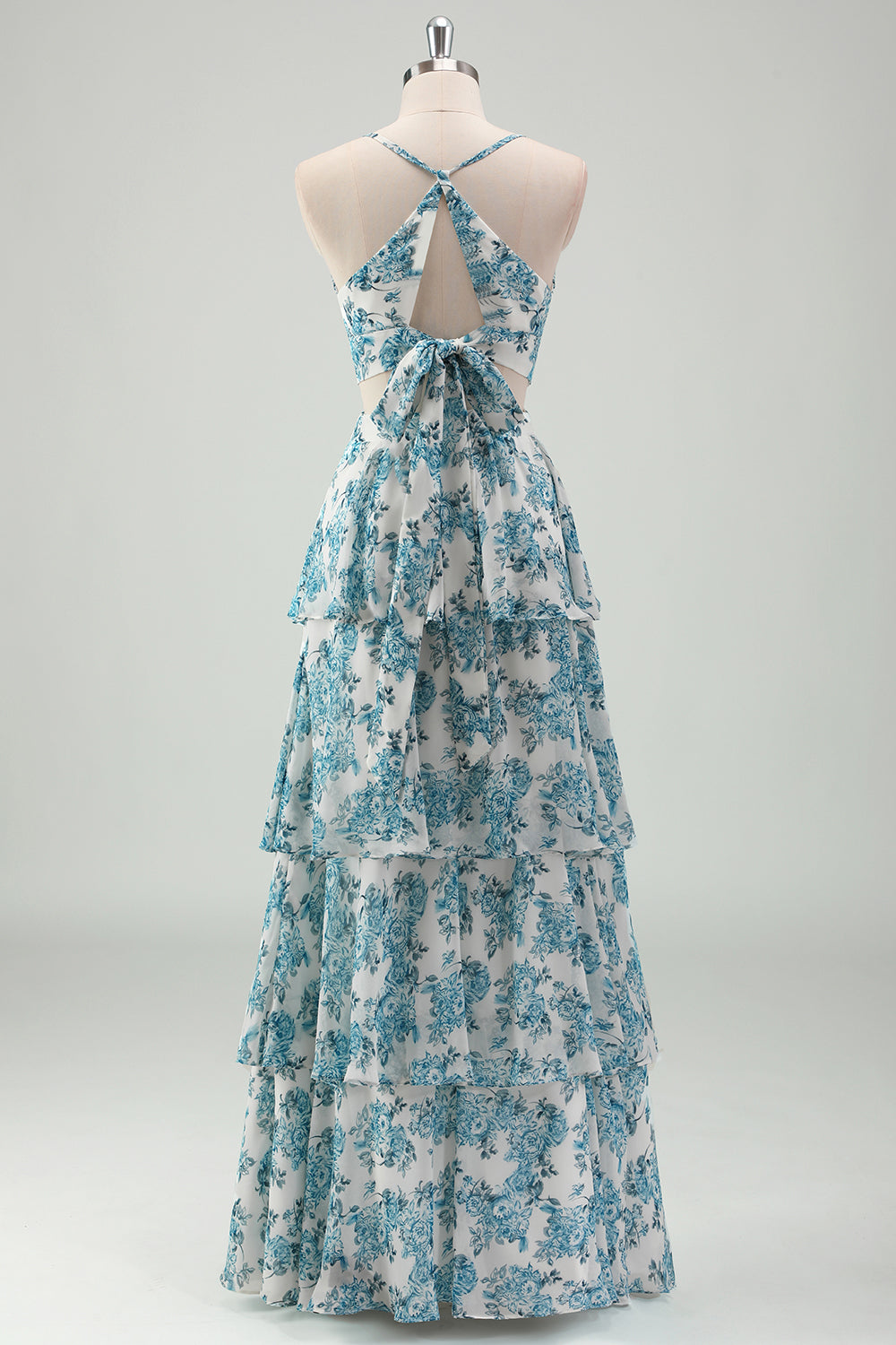 Robe de Demoiselle d'Honneur en Mousseline de Soie Bleu Ciel avec Bretelles Fines et Jupe Étages Coupe Trapèze
