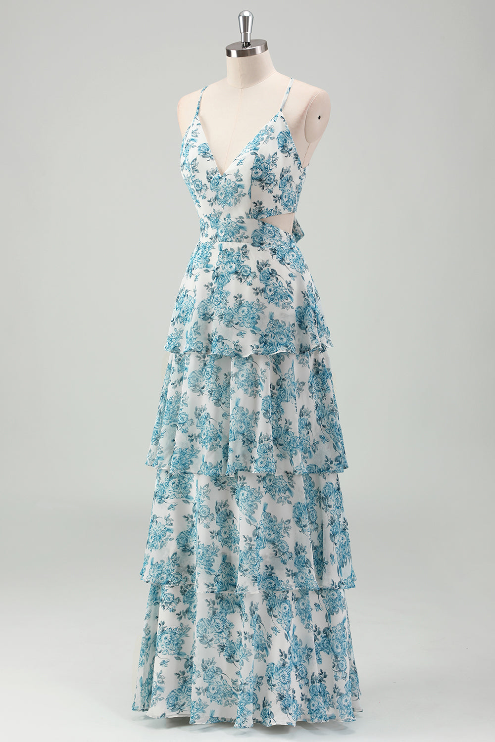 Robe de Demoiselle d'Honneur en Mousseline de Soie Bleu Ciel avec Bretelles Fines et Jupe Étages Coupe Trapèze