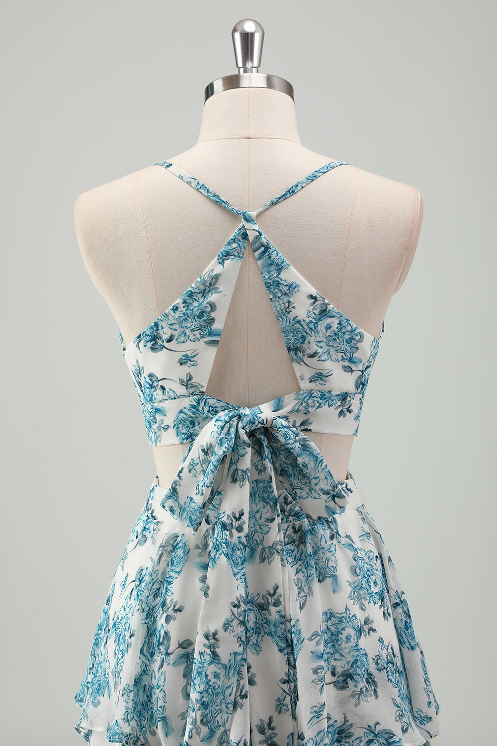 Robe de Demoiselle d'Honneur en Mousseline de Soie Bleu Ciel avec Bretelles Fines et Jupe Étages Coupe Trapèze