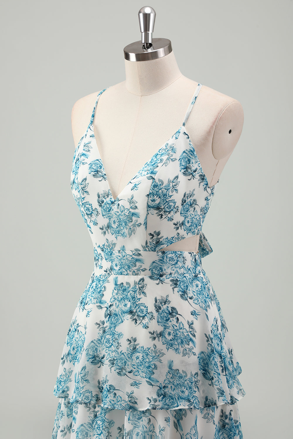Robe de Demoiselle d'Honneur en Mousseline de Soie Bleu Ciel avec Bretelles Fines et Jupe Étages Coupe Trapèze