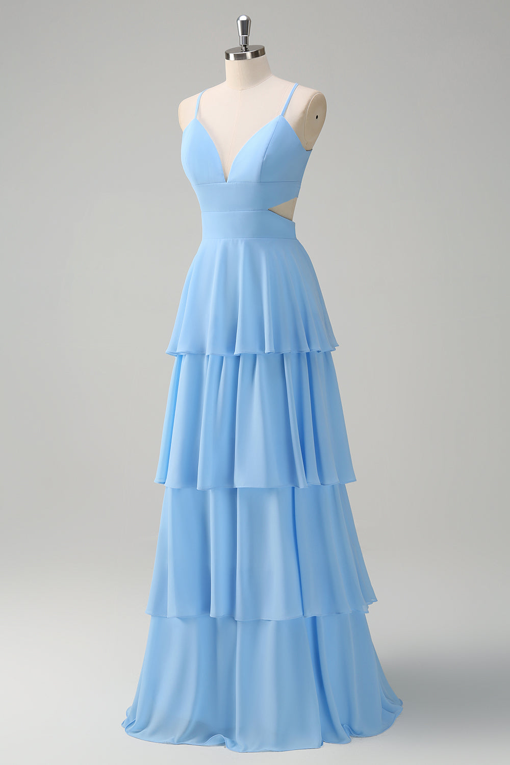 Robe de Demoiselle d'Honneur en Mousseline de Soie Bleu Ciel avec Bretelles Fines et Jupe Étages Coupe Trapèze