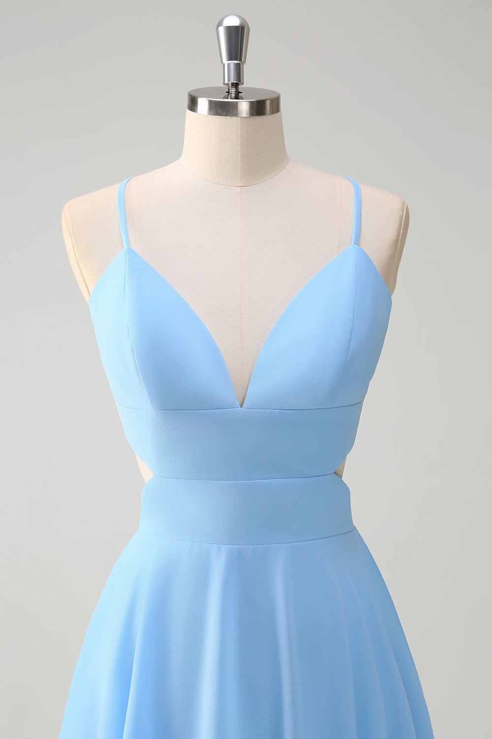 Robe de Demoiselle d'Honneur en Mousseline de Soie Bleu Ciel avec Bretelles Fines et Jupe Étages Coupe Trapèze
