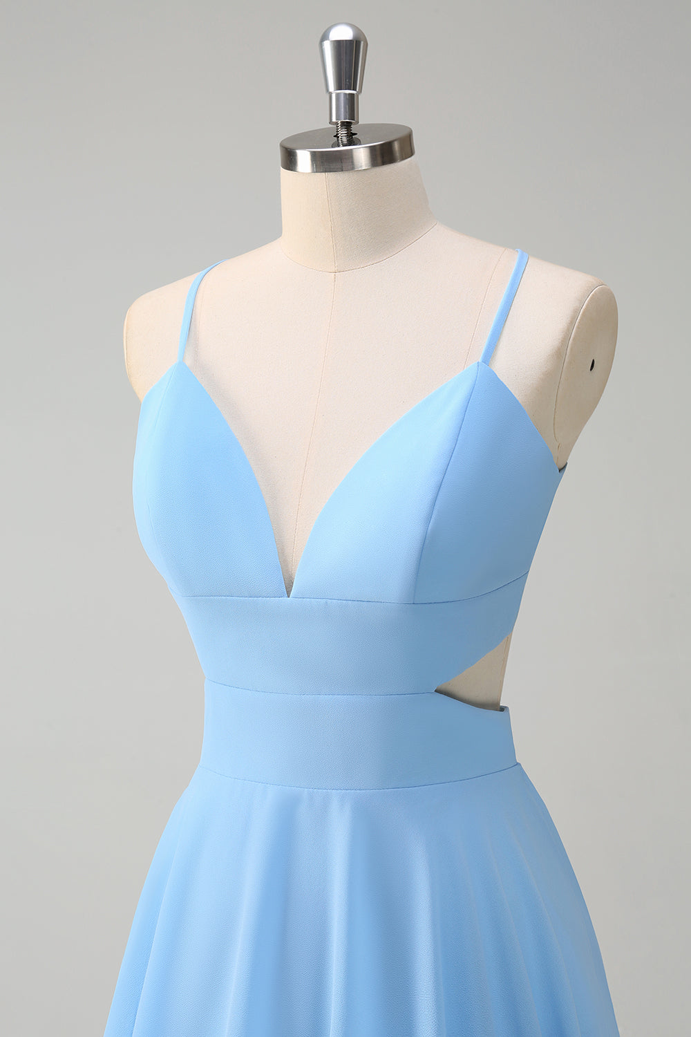 Robe de Demoiselle d'Honneur en Mousseline de Soie Bleu Ciel avec Bretelles Fines et Jupe Étages Coupe Trapèze