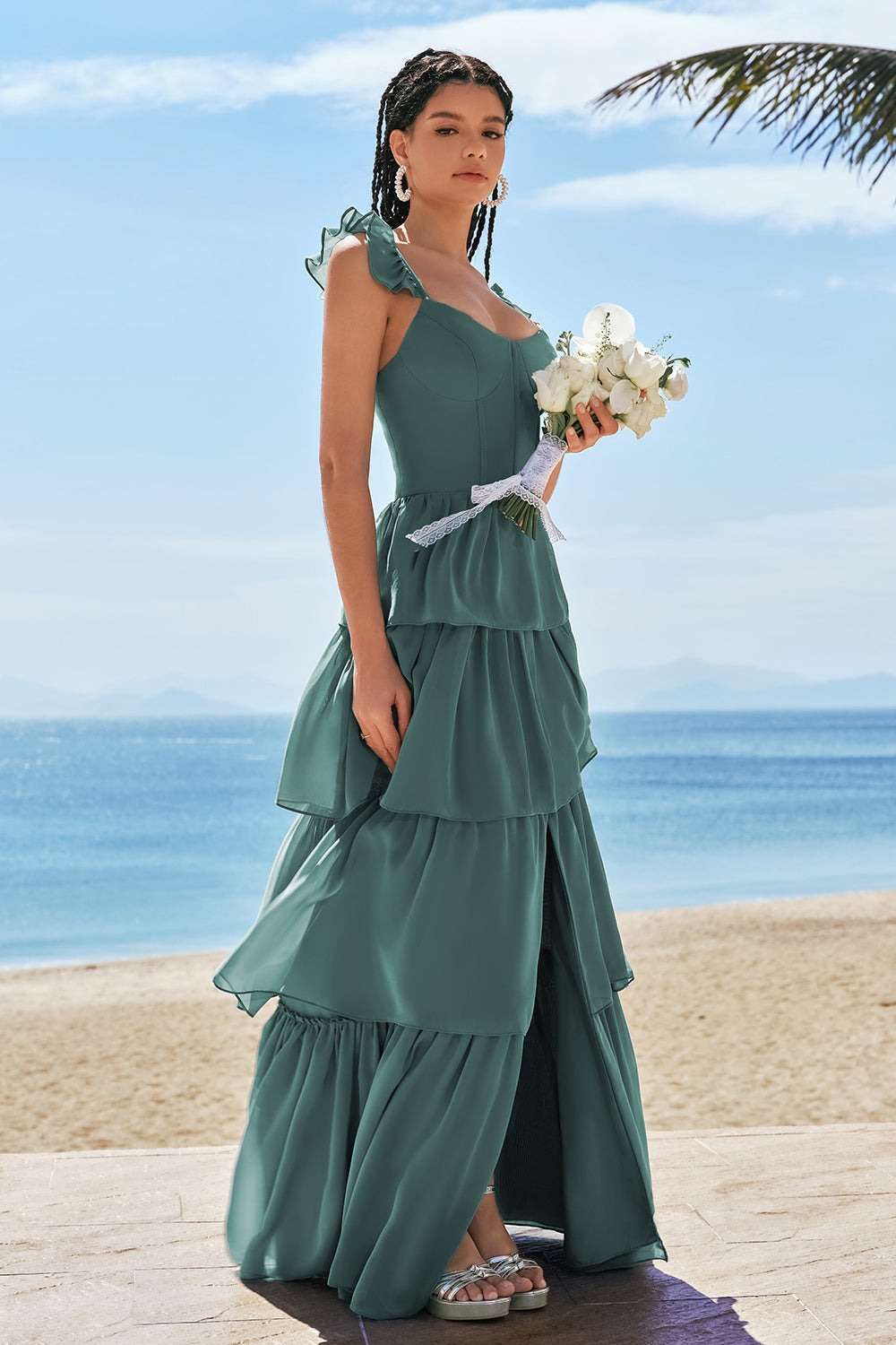 Robe de demoiselle d'honneur longue Eucalyptus avec corset trapèze, volants étagés et fente