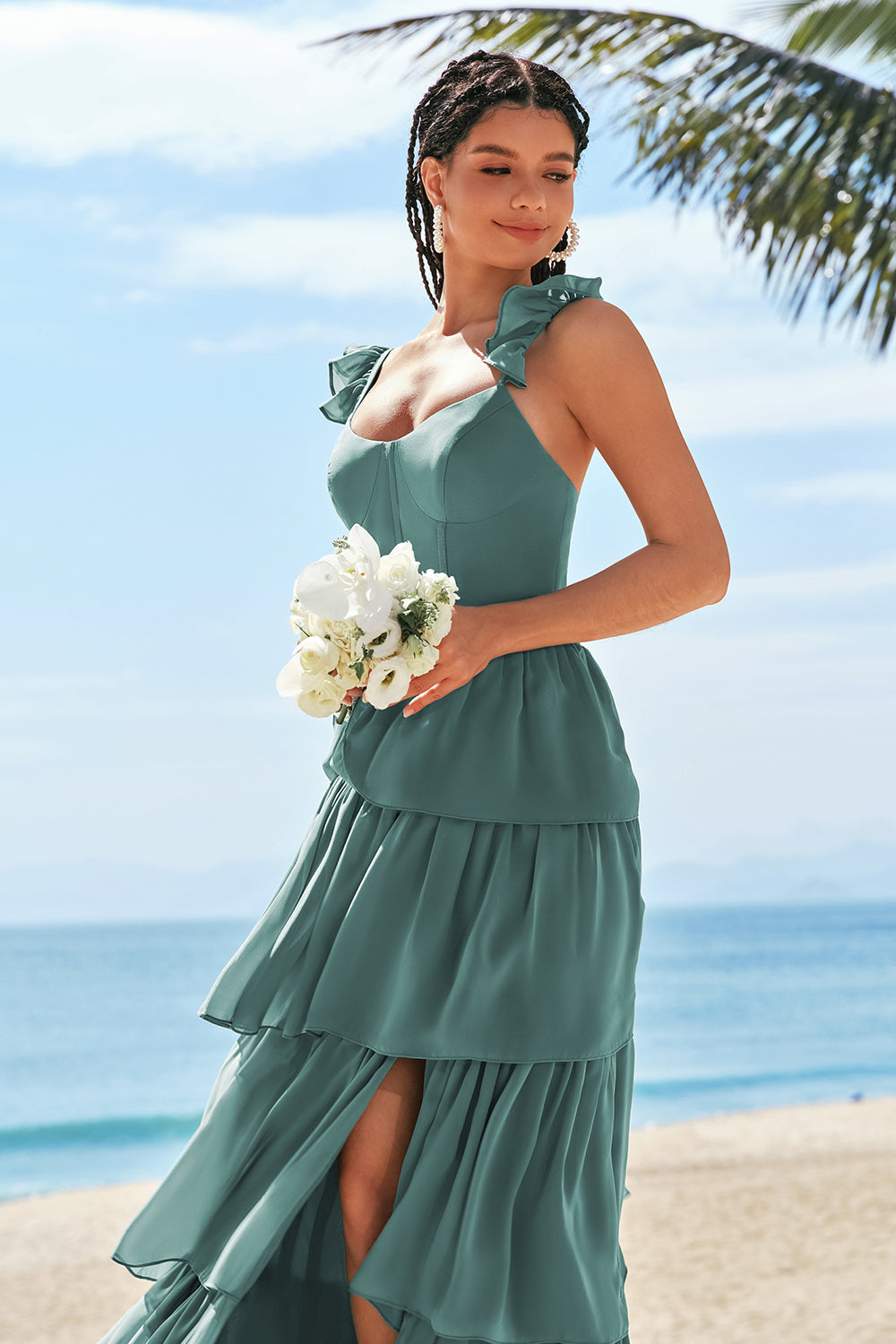 Robe de demoiselle d'honneur longue Eucalyptus avec corset trapèze, volants étagés et fente