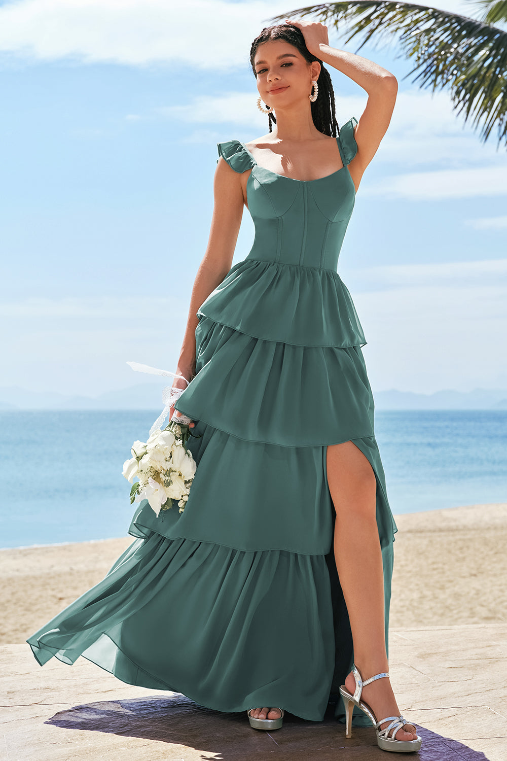 Robe de demoiselle d'honneur longue Eucalyptus avec corset trapèze, volants étagés et fente
