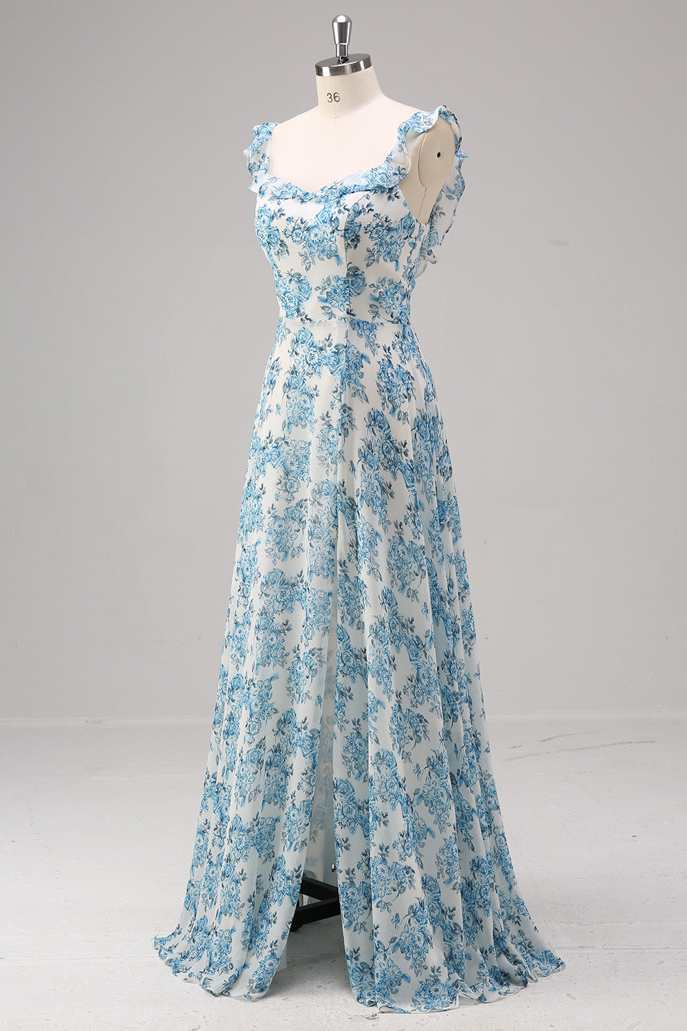 Robe longue de demoiselle d'honneur trapèze à col carré, motifs floraux blancs et bleus, avec fente