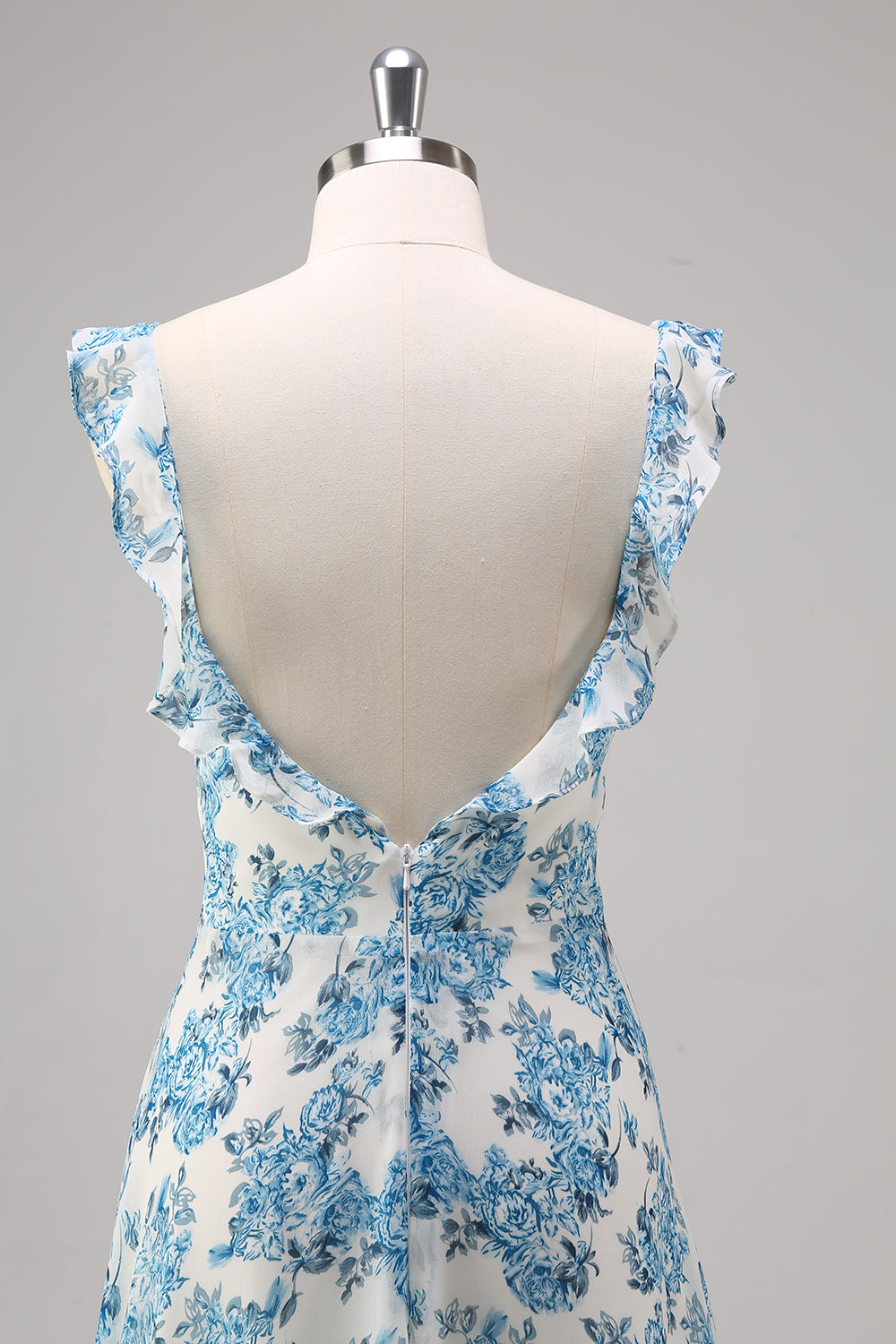 Robe longue de demoiselle d'honneur trapèze à col carré, motifs floraux blancs et bleus, avec fente