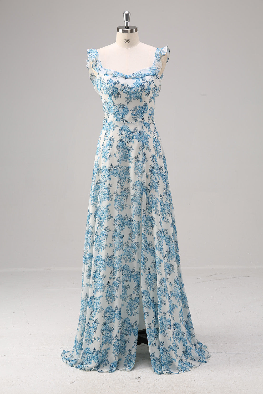 Robe longue de demoiselle d'honneur trapèze à col carré, motifs floraux blancs et bleus, avec fente