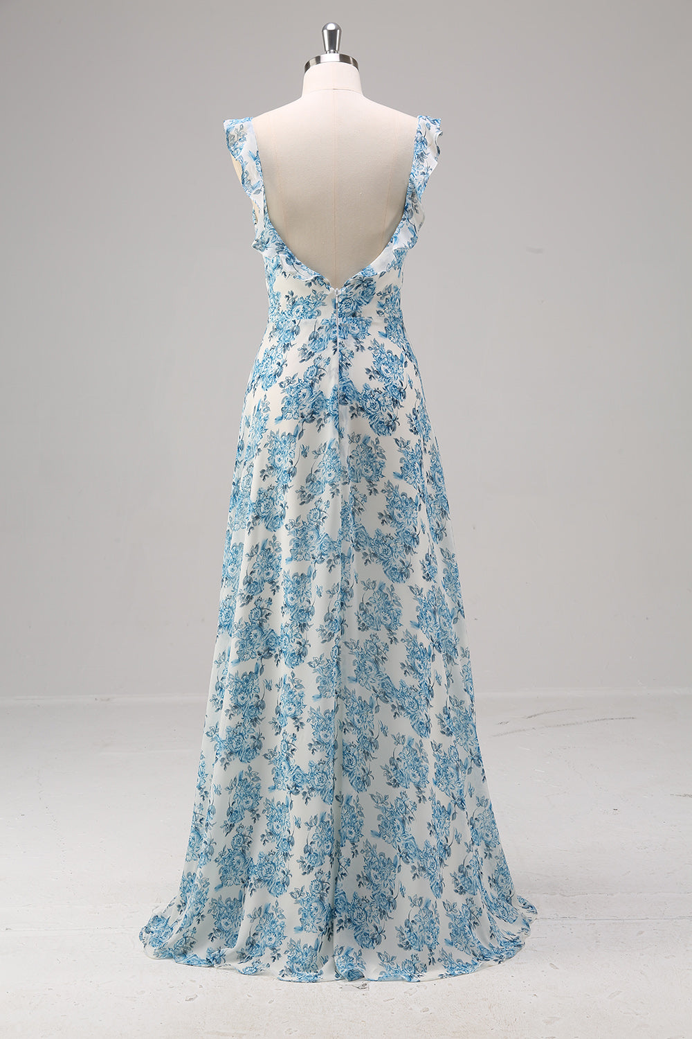 Robe longue de demoiselle d'honneur trapèze à col carré, motifs floraux blancs et bleus, avec fente