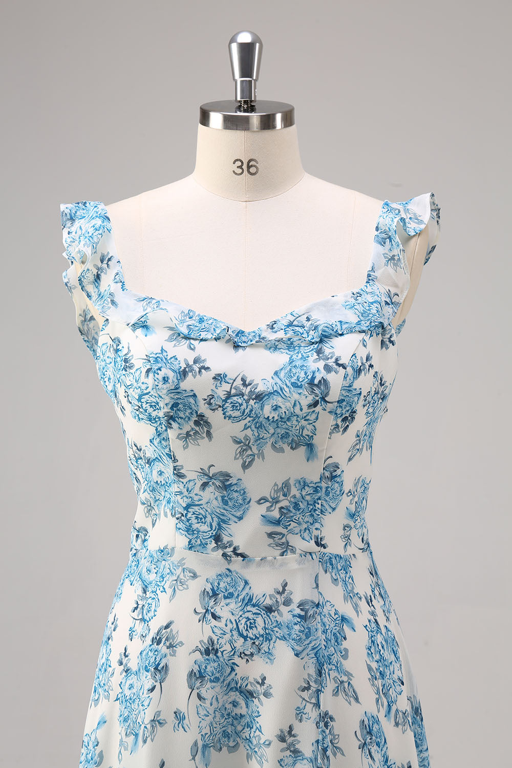 Robe longue de demoiselle d'honneur trapèze à col carré, motifs floraux blancs et bleus, avec fente