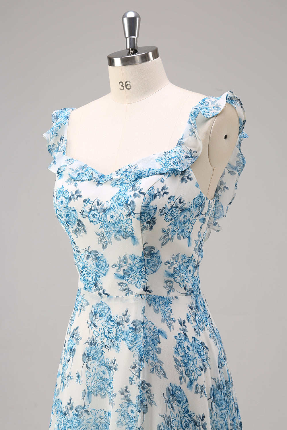 Robe longue de demoiselle d'honneur trapèze à col carré, motifs floraux blancs et bleus, avec fente