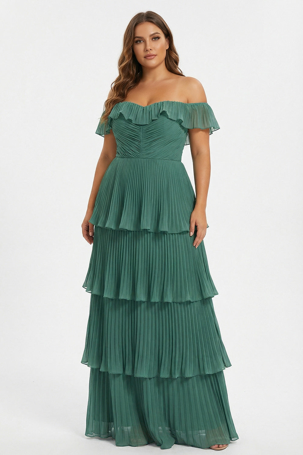 Eucalyptus A Line Off the Shoulder Tiered  Pleated Long Bridesmaid Dress with Slit