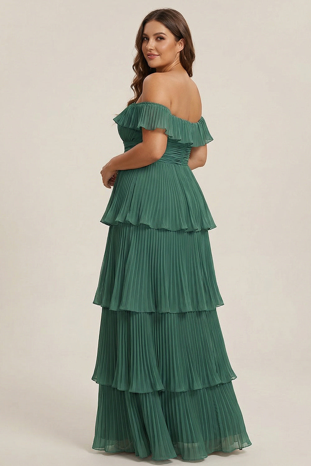 Eucalyptus A Line Off the Shoulder Tiered  Pleated Long Bridesmaid Dress with Slit