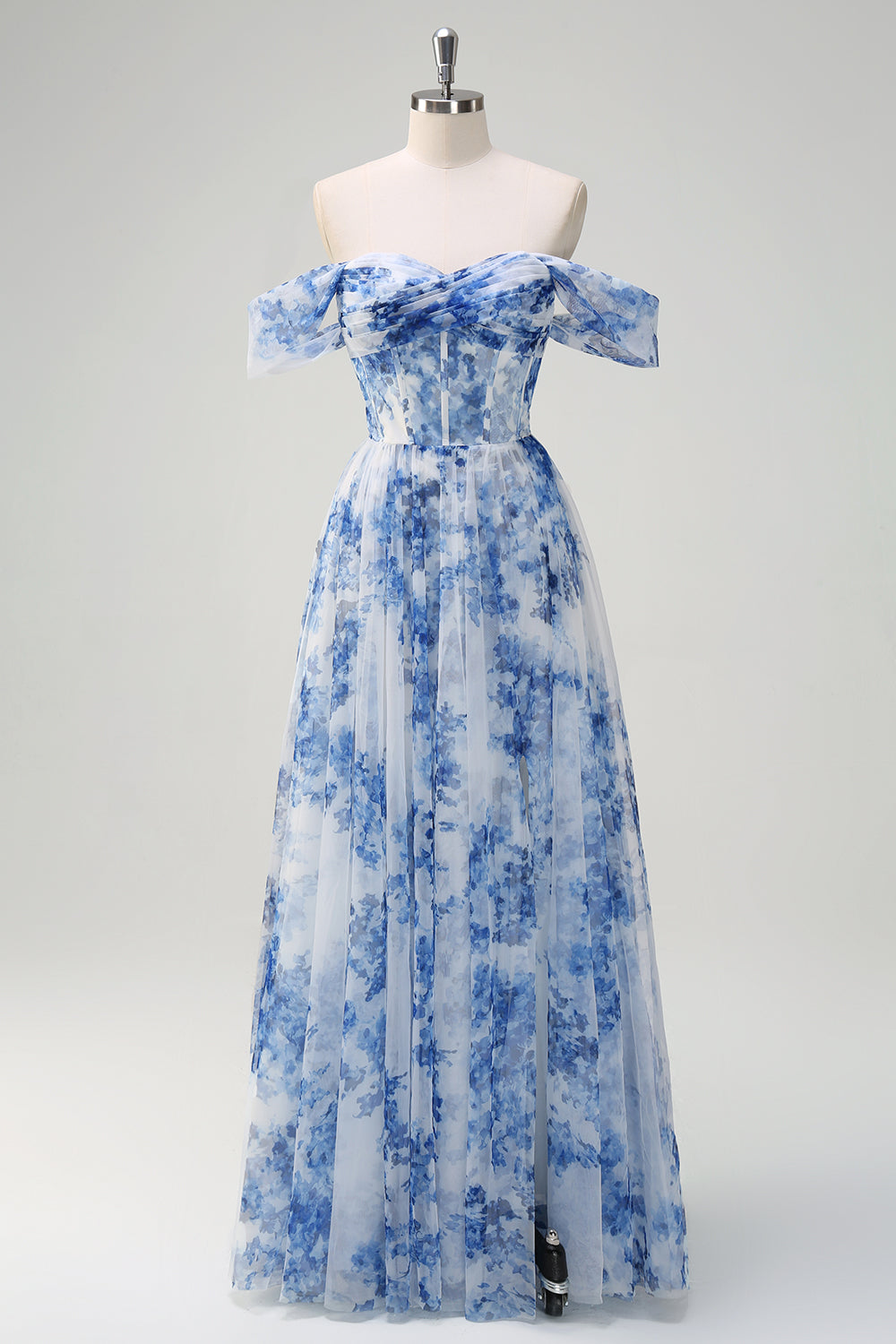 White Blue Flower Off the Shoulder A-Line Prom Dress with Slit
