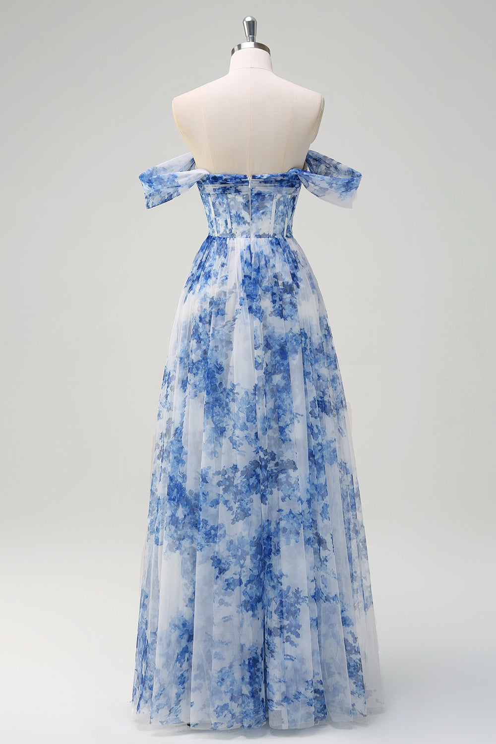 White Blue Flower Off the Shoulder A-Line Prom Dress with Slit