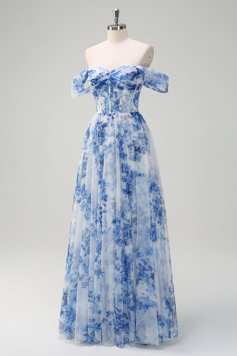 White Blue Flower Off the Shoulder A-Line Prom Dress with Slit