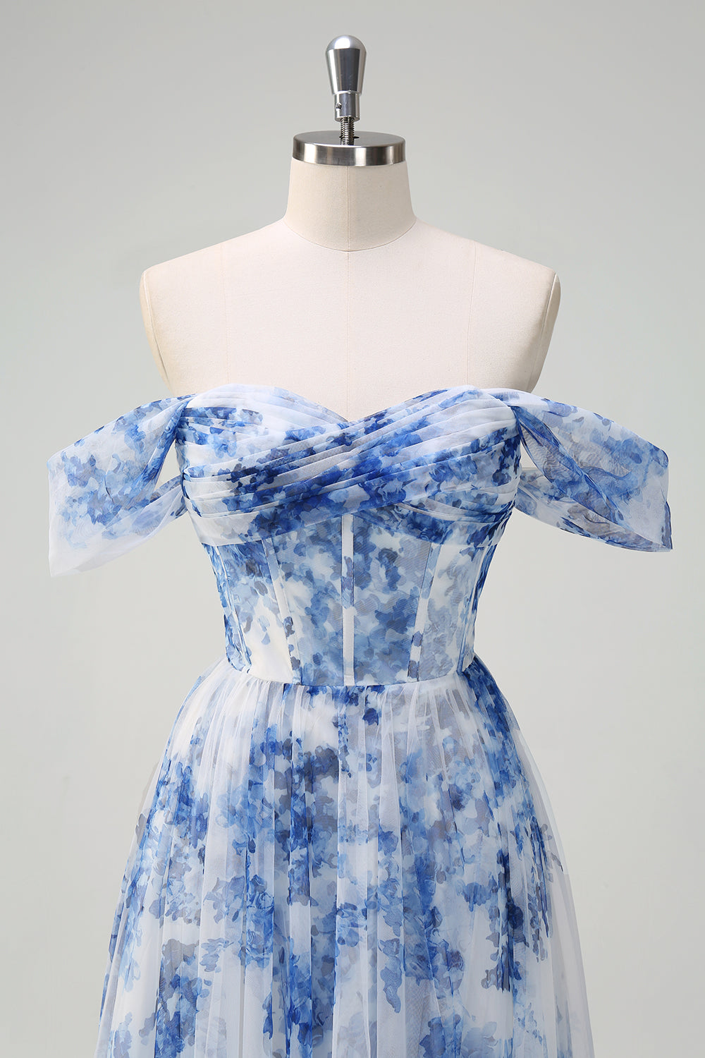 White Blue Flower Off the Shoulder A-Line Prom Dress with Slit