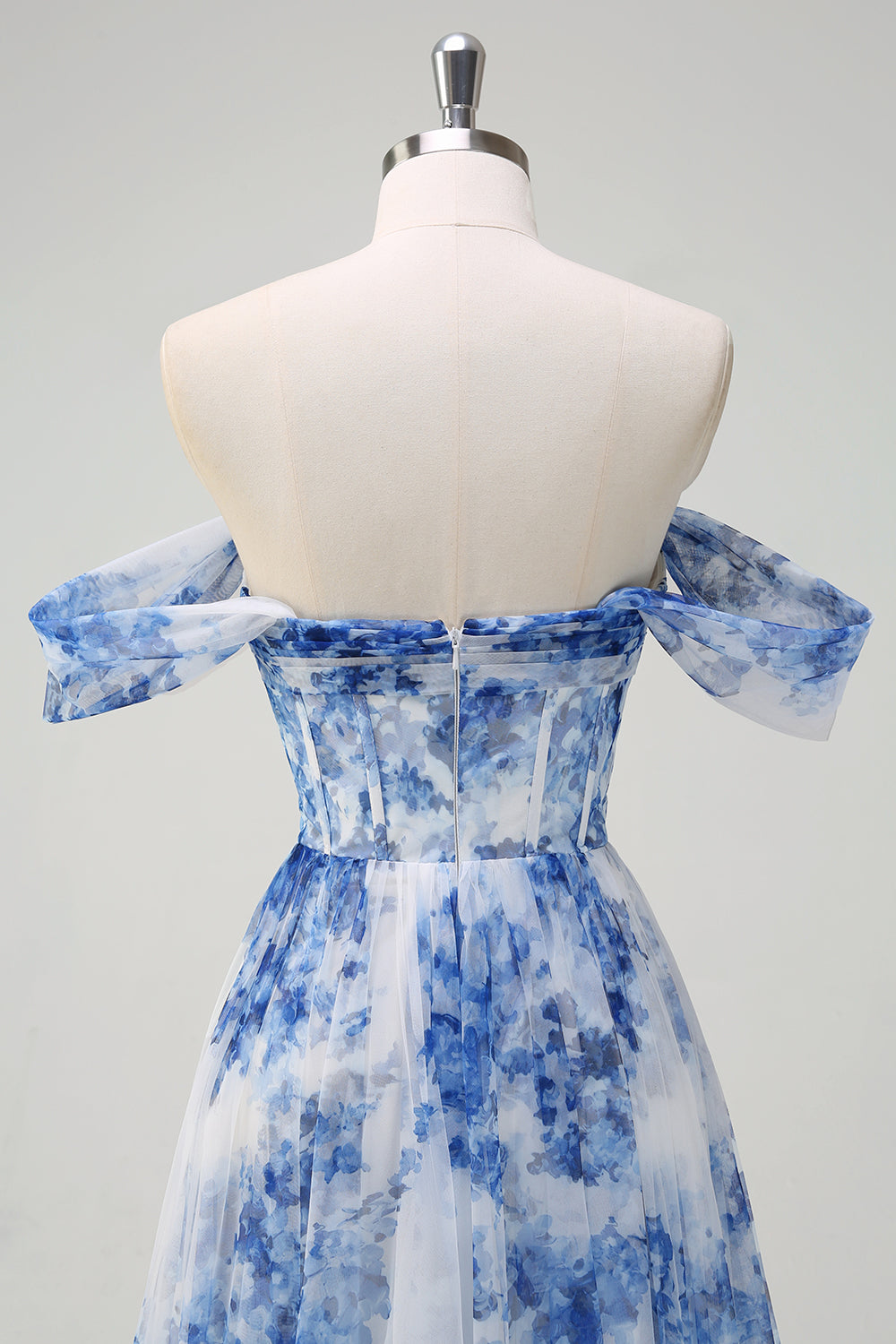 White Blue Flower Off the Shoulder A-Line Prom Dress with Slit
