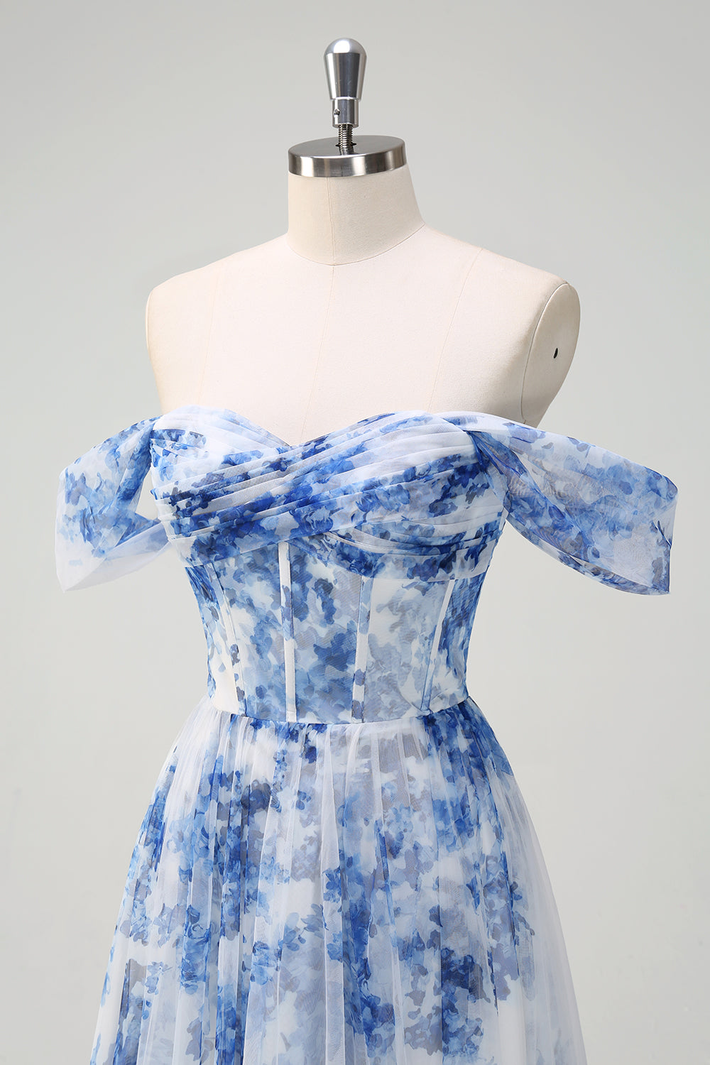 White Blue Flower Off the Shoulder A-Line Prom Dress with Slit