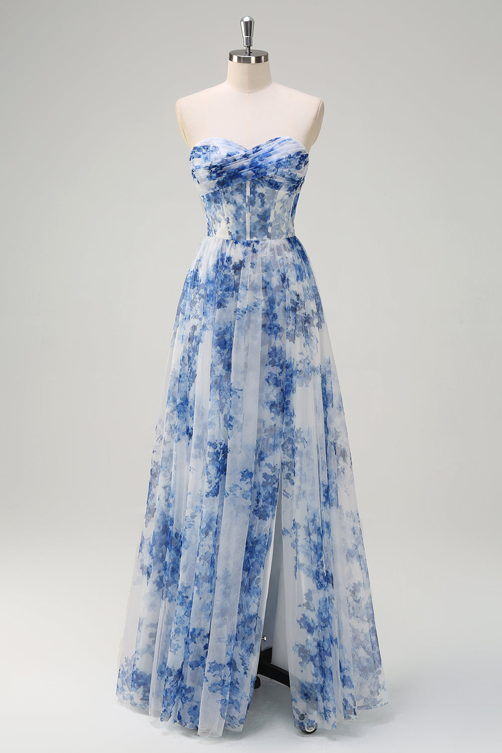 White Blue Flower Off the Shoulder A-Line Prom Dress with Slit