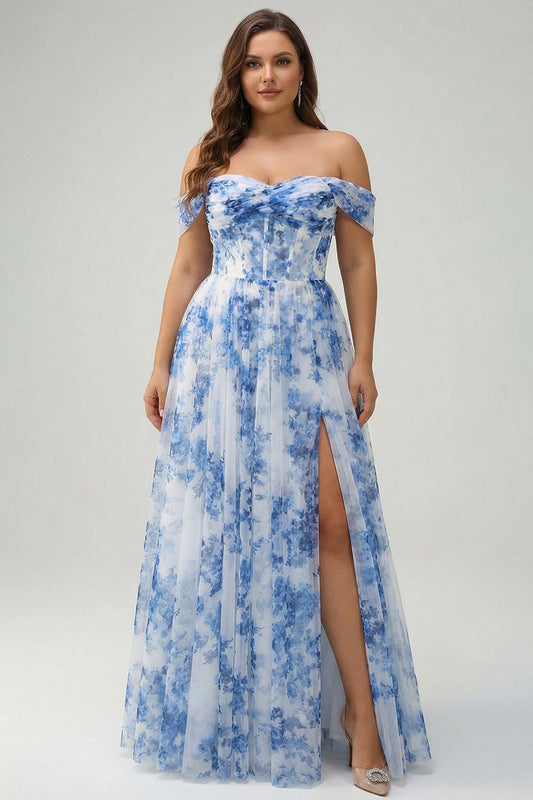 White Blue Flower Off the Shoulder Corset A-Line Plus Size Bridesmaid Dress with Slit