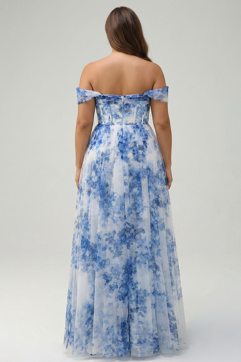 White Blue Flower Off the Shoulder A-Line Bridesmaid Dress with Slit