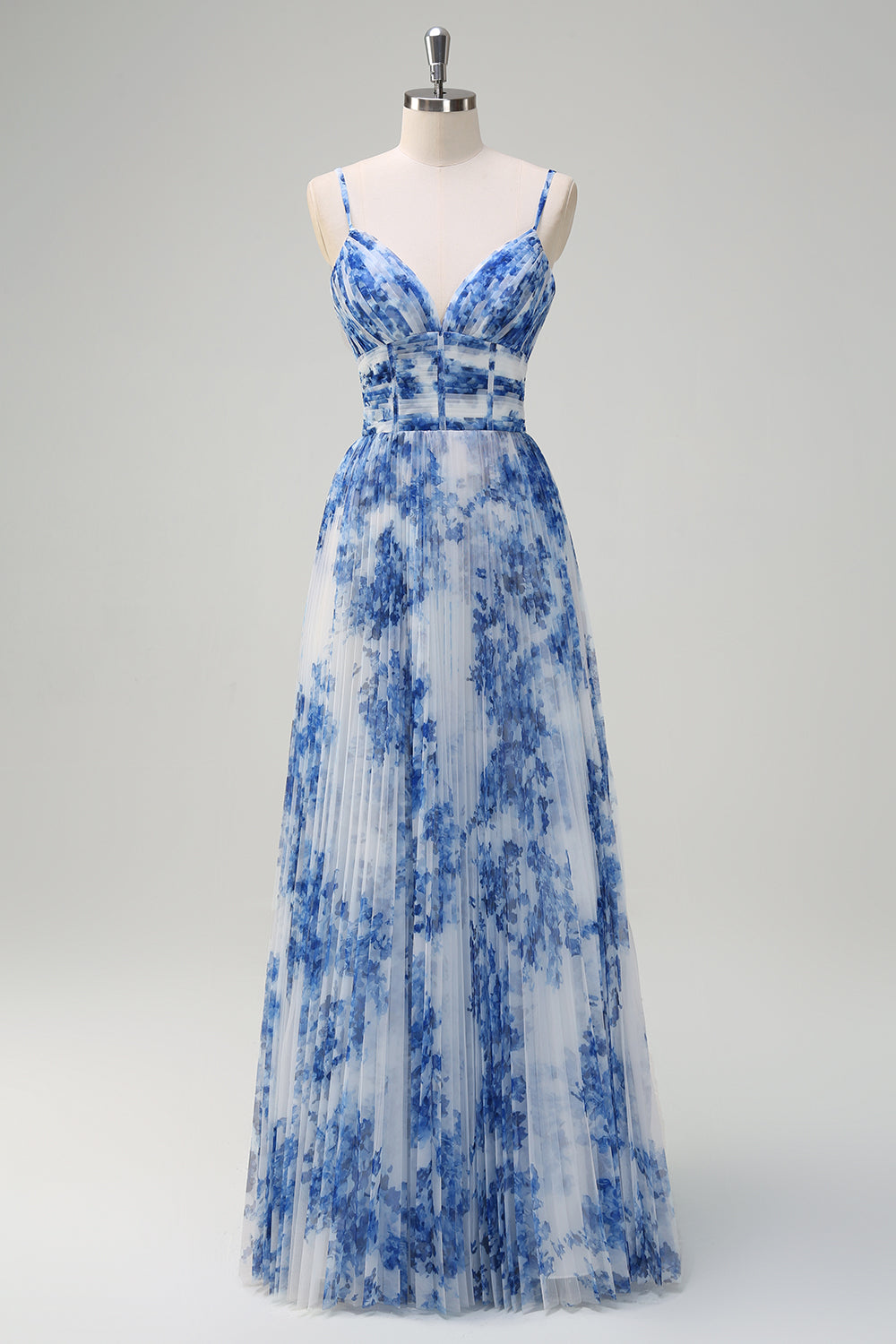 Robe de demoiselle d'honneur plissée trapèze à fines bretelles avec fleurs bleues et blanches