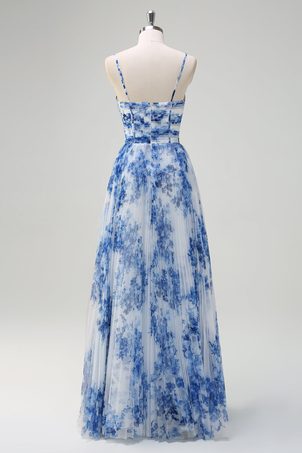 Robe de demoiselle d'honneur plissée trapèze à fines bretelles avec fleurs bleues et blanches