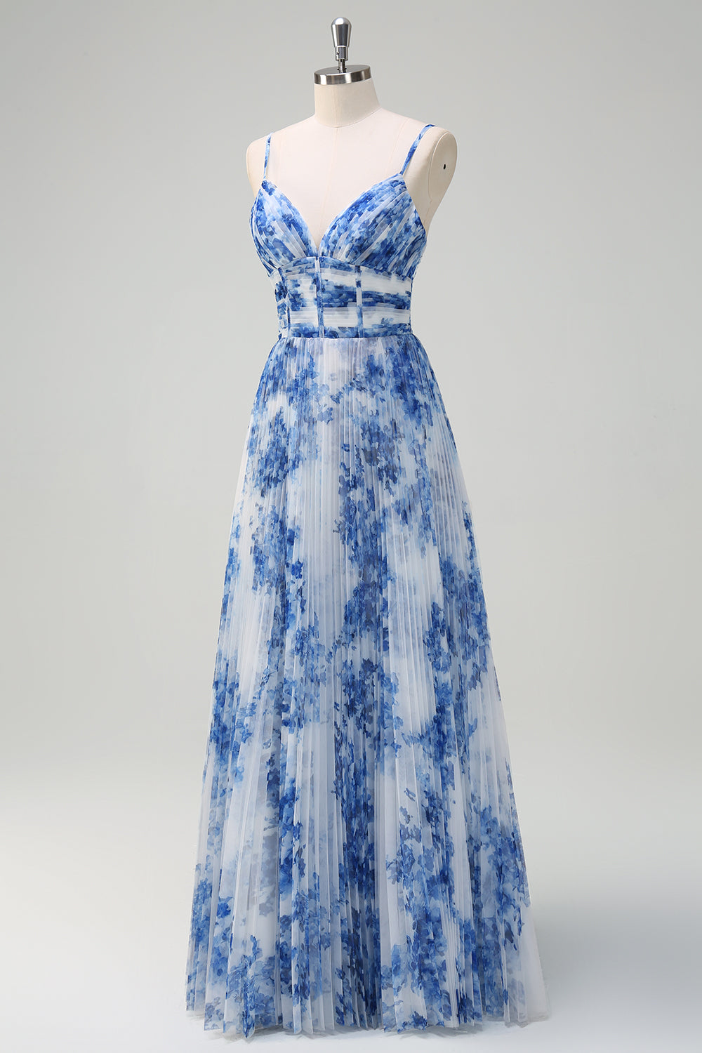 Robe de demoiselle d'honneur plissée trapèze à fines bretelles avec fleurs bleues et blanches
