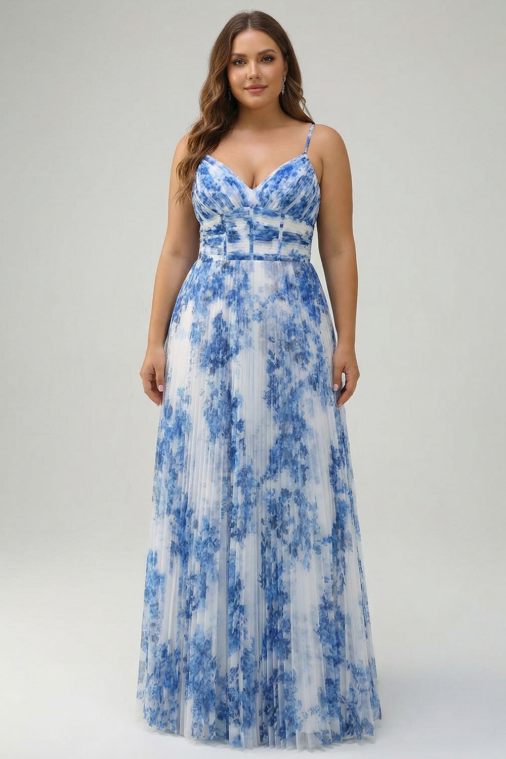 Robe de demoiselle d'honneur plissée trapèze à fines bretelles avec fleurs bleues et blanches