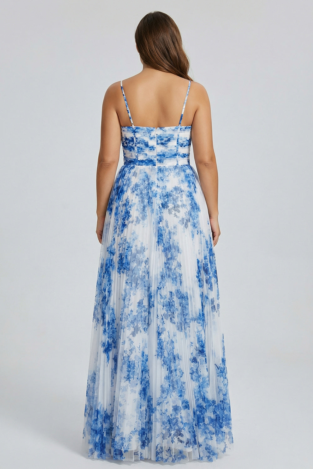 Robe de demoiselle d'honneur plissée trapèze à fines bretelles avec fleurs bleues et blanches