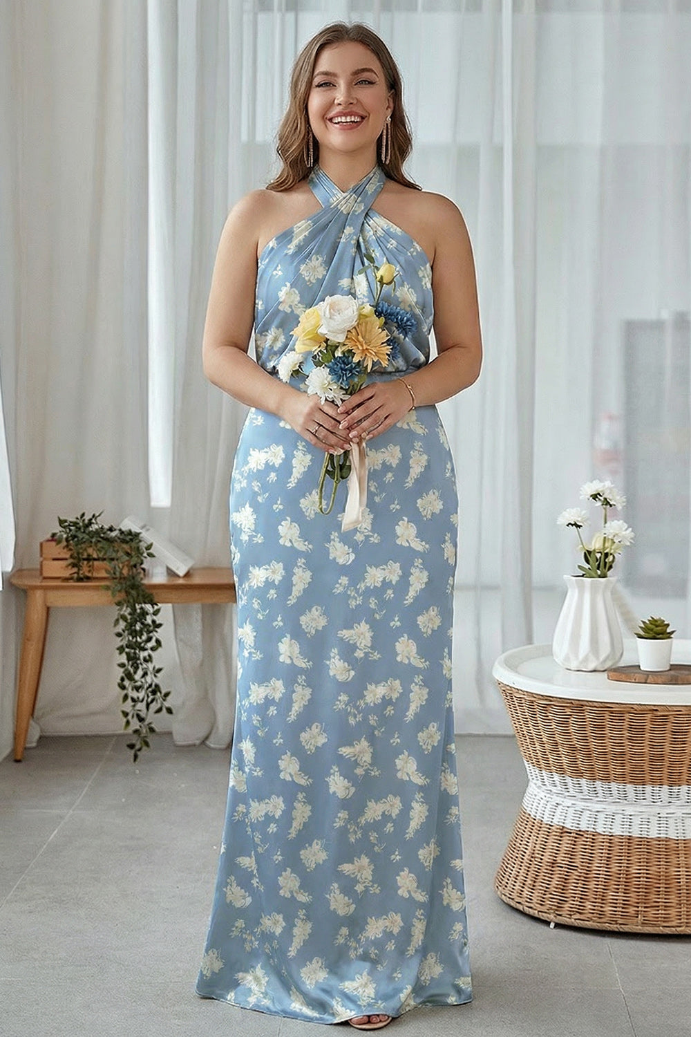 Funda Halter Azul Blanco Flor Talla Grande Vestido Largo De Dama De Honor Estampado