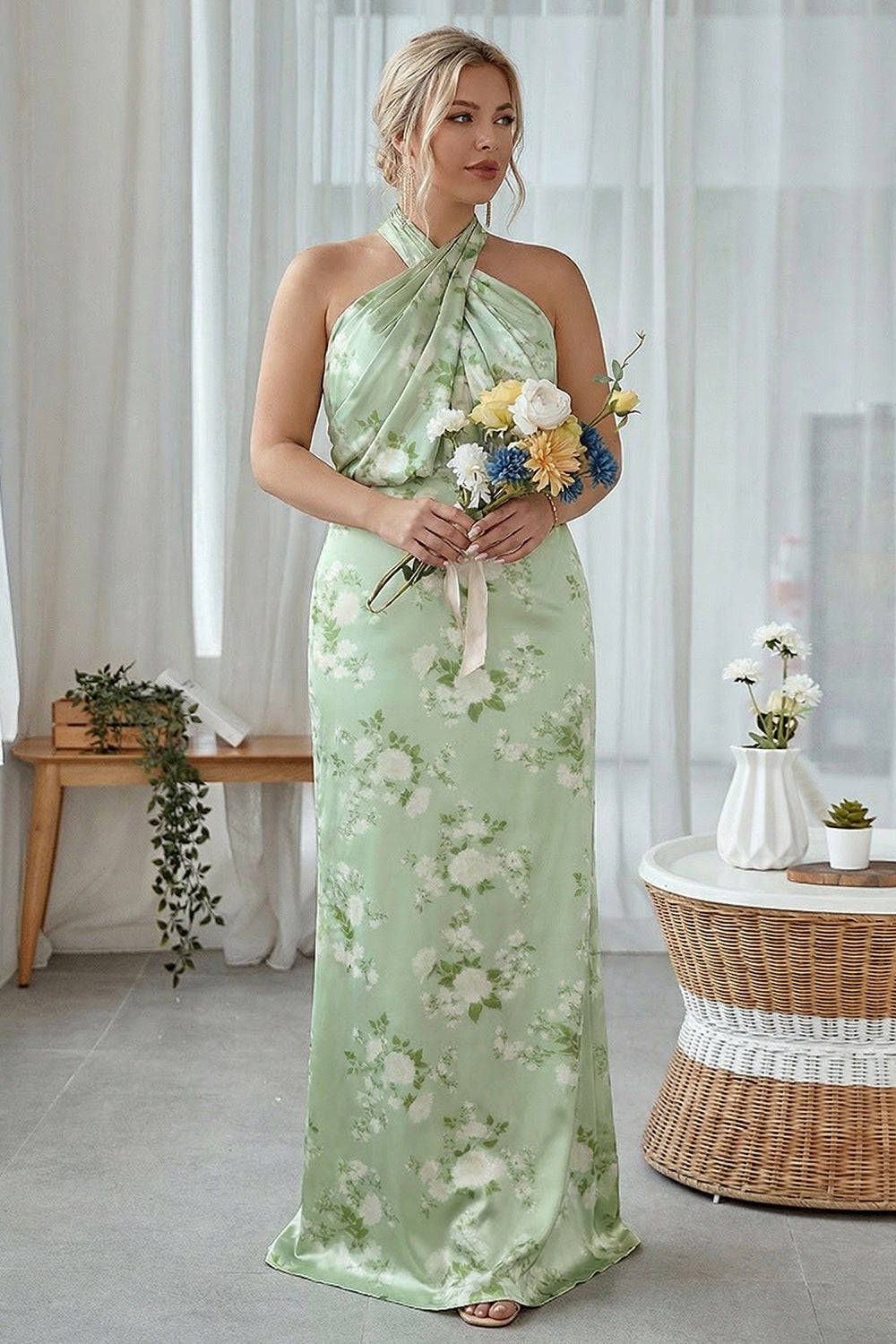 Funda Halter Azul Blanco Flor Talla Grande Vestido Largo De Dama De Honor Estampado