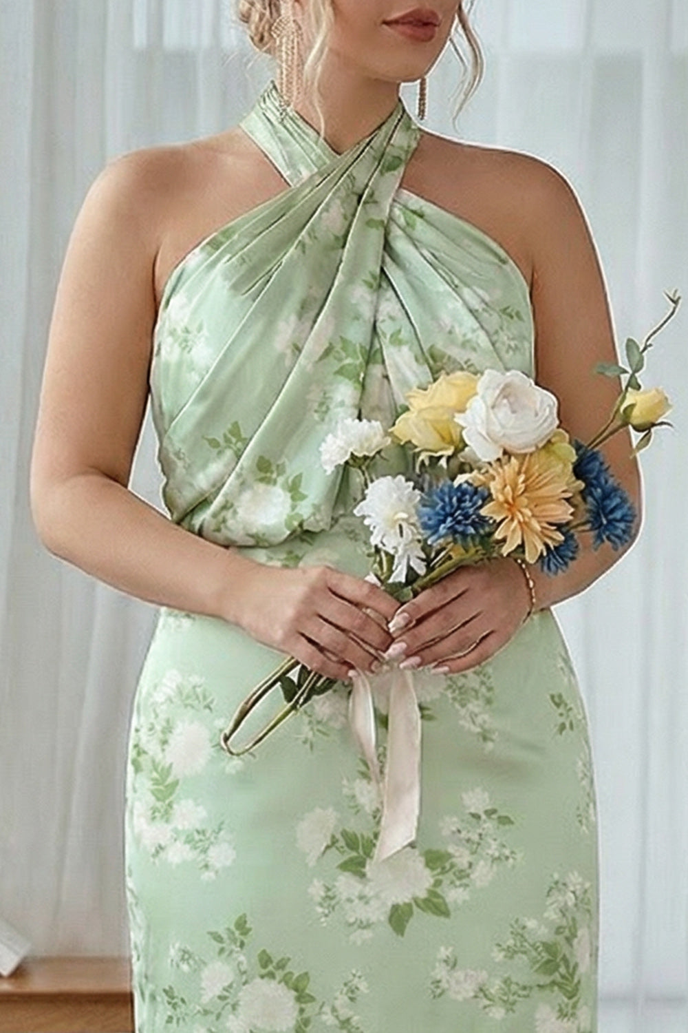 Funda Halter Azul Blanco Flor Talla Grande Vestido Largo De Dama De Honor Estampado