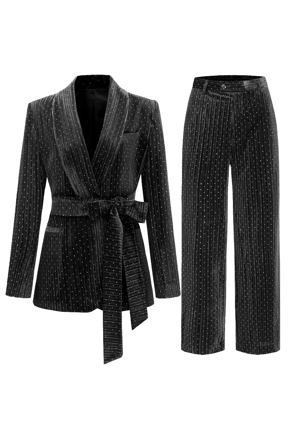 Navy Shawl Lapel 2-Piece Women's Suit with Belt