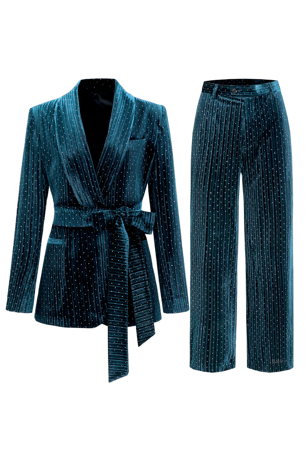 Navy Shawl Lapel 2-Piece Women's Suit with Belt
