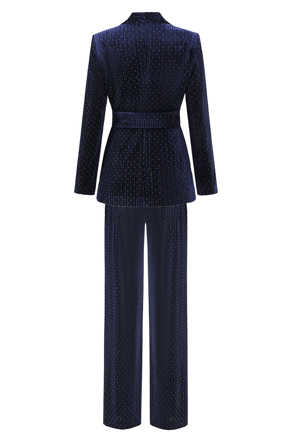Costume deux pièces pour femme avec revers châle marine et ceinture