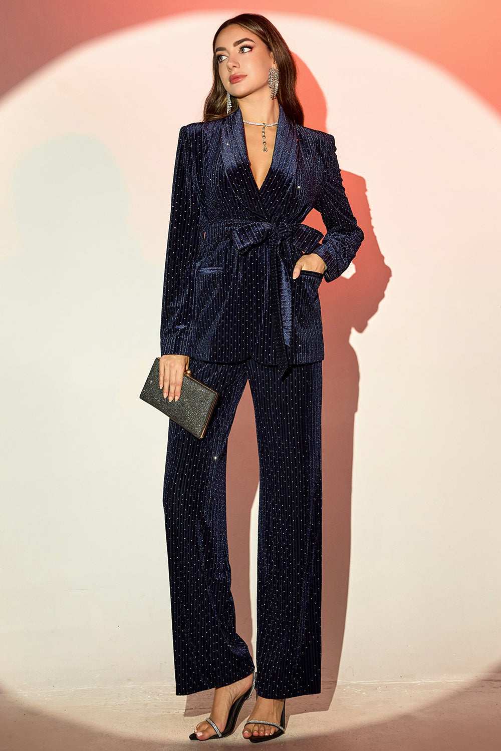 Navy Shawl Lapel 2-Piece Women's Suit with Belt