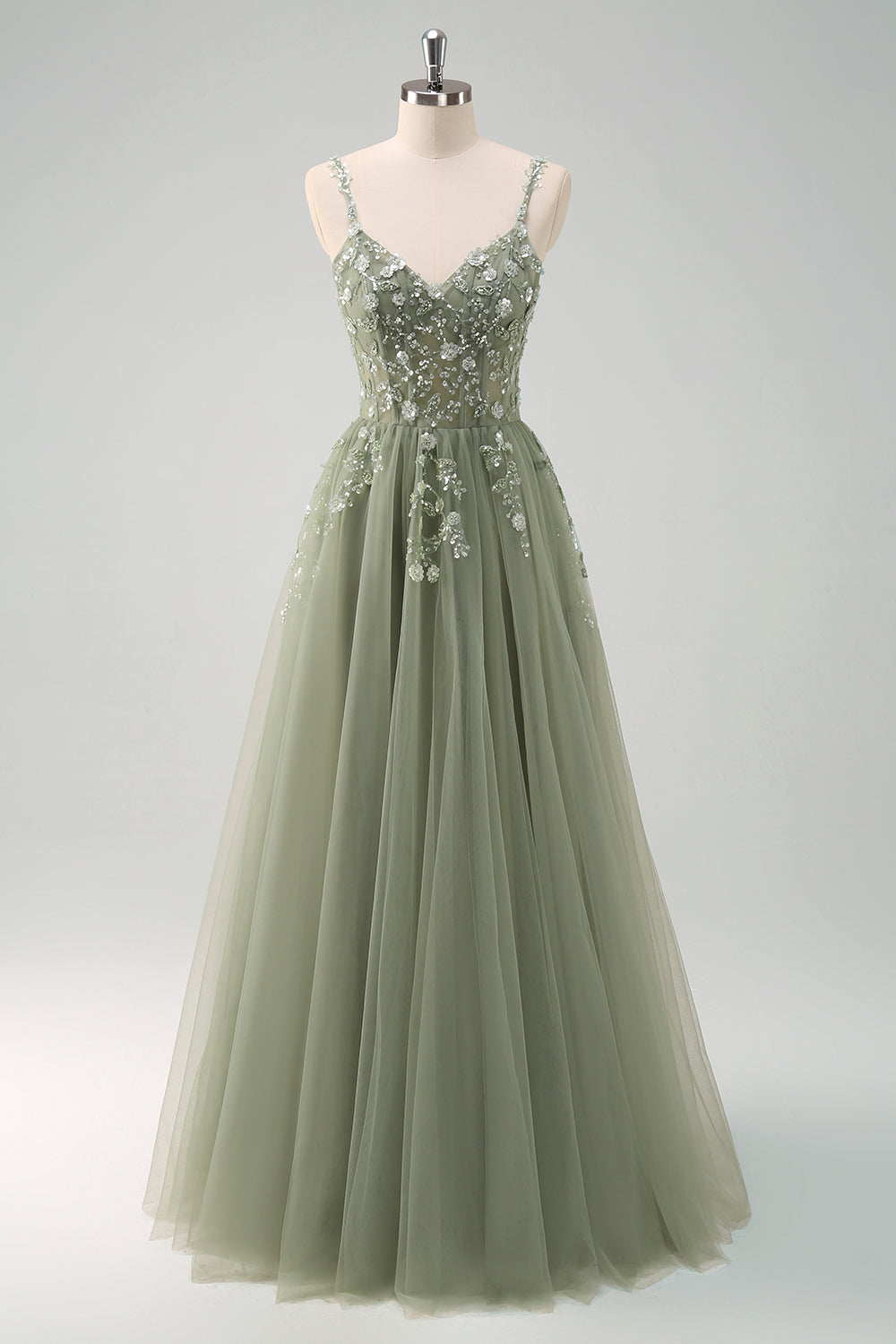 Robe longue de bal en tulle à sequins, coupe ligne A verte, avec corset et laçage au dos