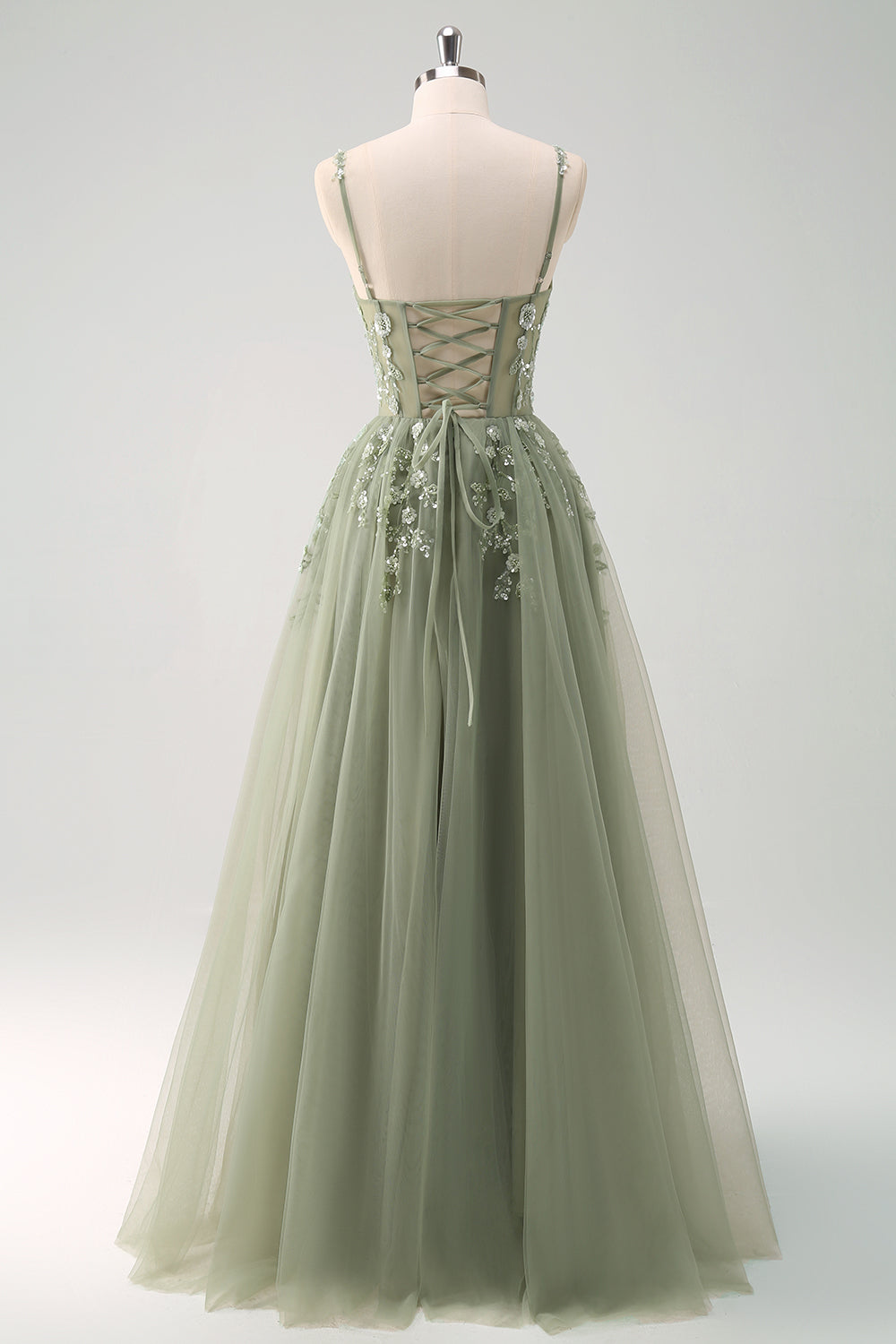 Robe longue de bal en tulle à sequins, coupe ligne A verte, avec corset et laçage au dos
