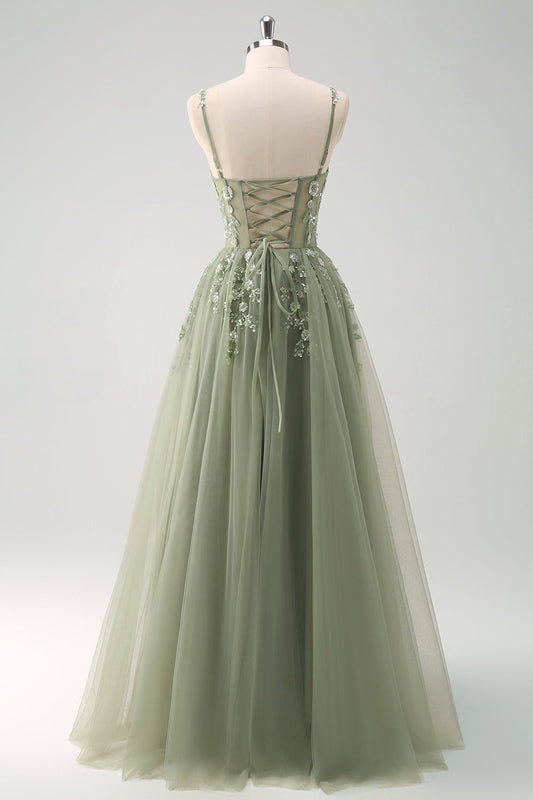 Sparkly A-Line Green Spaghetti Straps Corset Long Prom Dress
