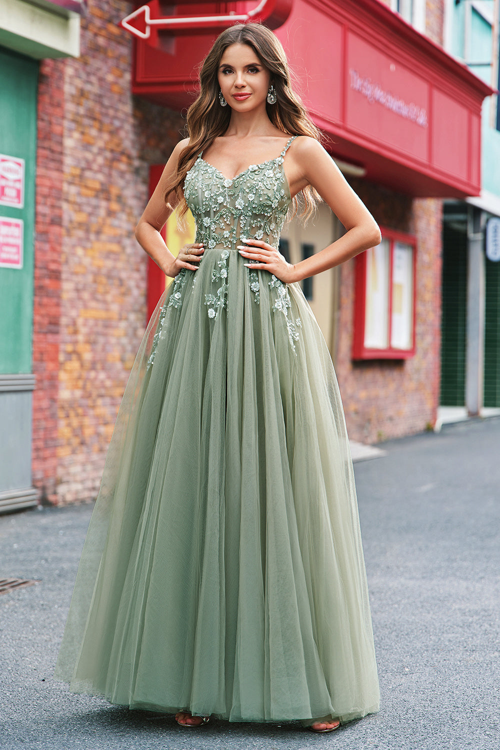 Robe longue de bal en tulle à sequins, coupe ligne A verte, avec corset et laçage au dos