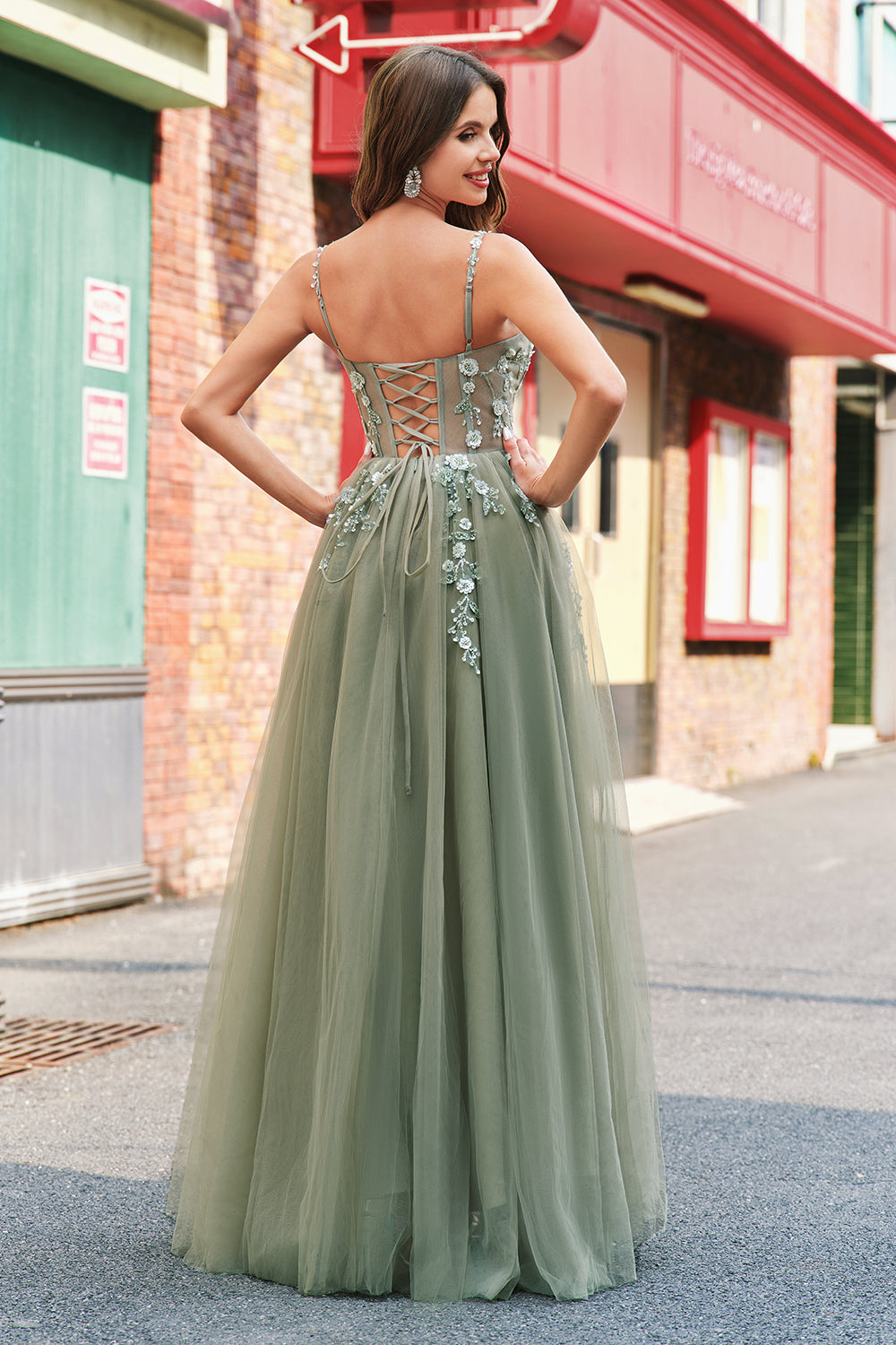 Robe longue de bal en tulle à sequins, coupe ligne A verte, avec corset et laçage au dos
