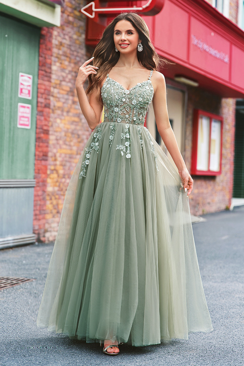 Robe longue de bal en tulle à sequins, coupe ligne A verte, avec corset et laçage au dos