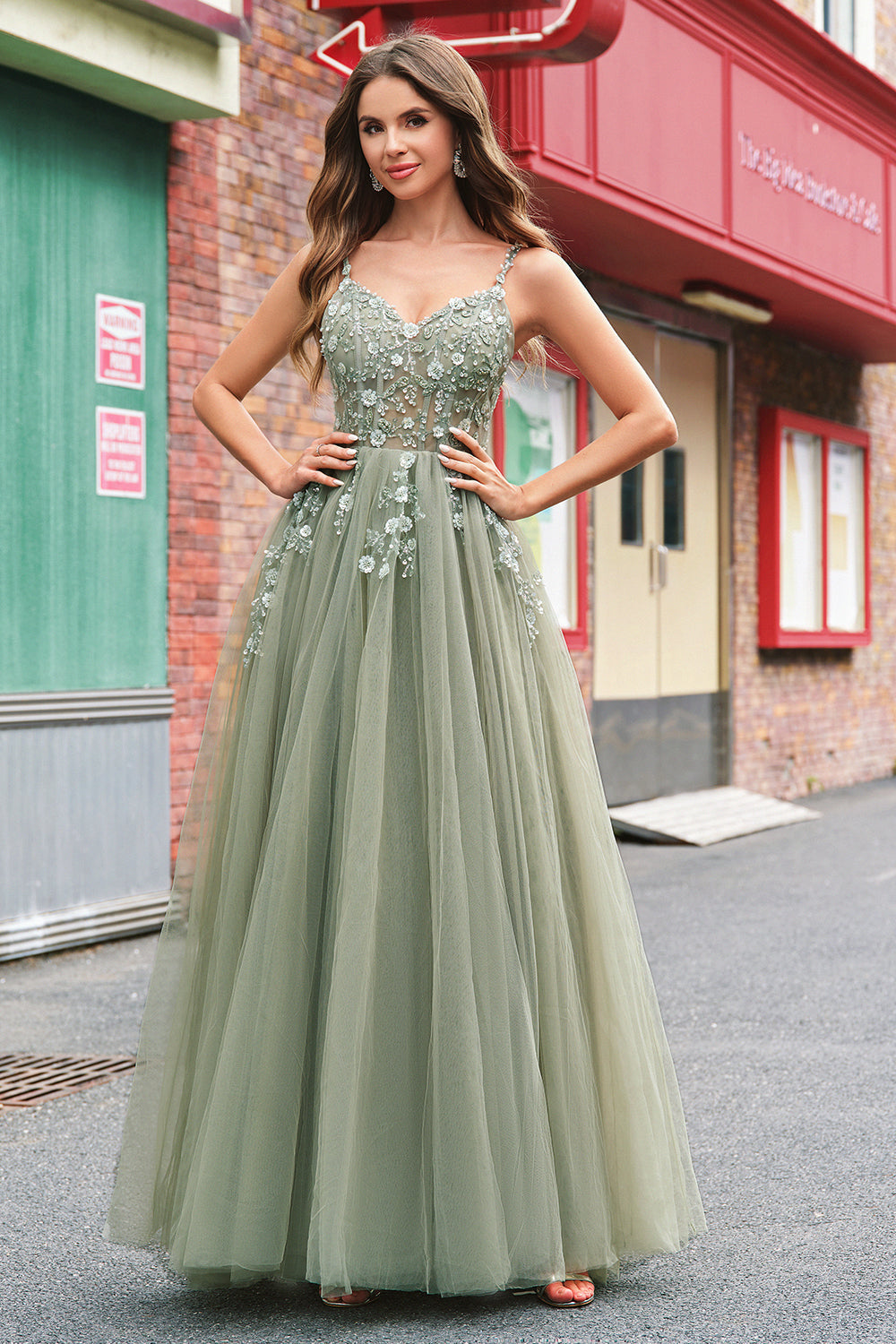 Robe longue de bal en tulle à sequins, coupe ligne A verte, avec corset et laçage au dos